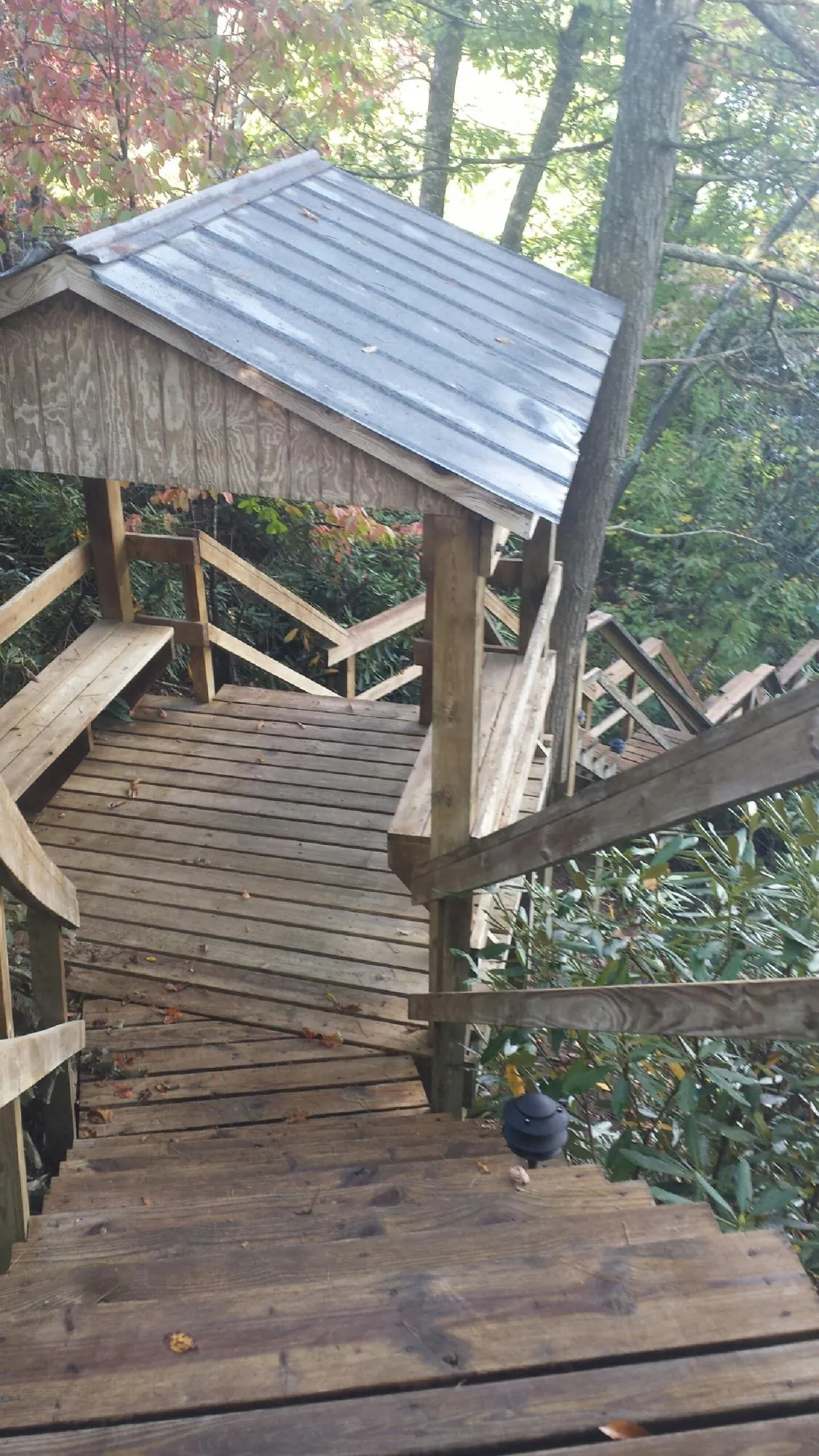 Metal roofed shelter over wooden steps on a wooded walkway — Skylight Repair & Installation work by our crew in Clark Mills